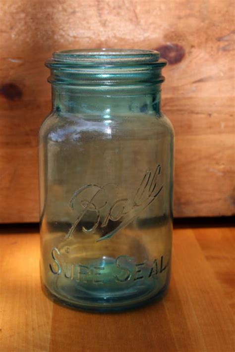 1 Embossed Ball Sure Seal Mason Jar Antique Vintage Aqua Blue Canning Jar