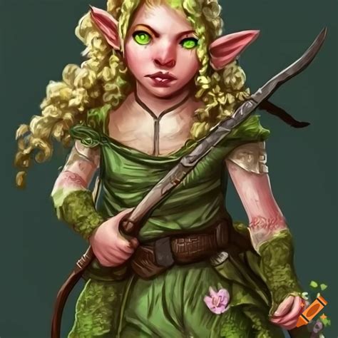 Dnd Female Gnome Ranger With Blonde Wavy Hair And Mossy Green Eyes On