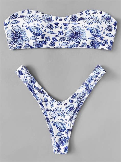 Porcelain Print Bandeau Bikini Set SheIn Sheinside 青いビキニ かわいい水着 水着