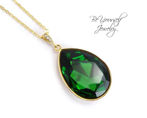 Emerald Teardrop Necklace Gold Green Pendant Swarovski Crystal