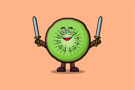 Cute Cartoon Kiwi Fruit Character Hold Two Sword Vector Art At