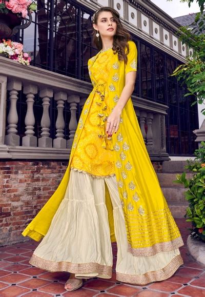 Yellow Tussar Sharara Suit With Jacket