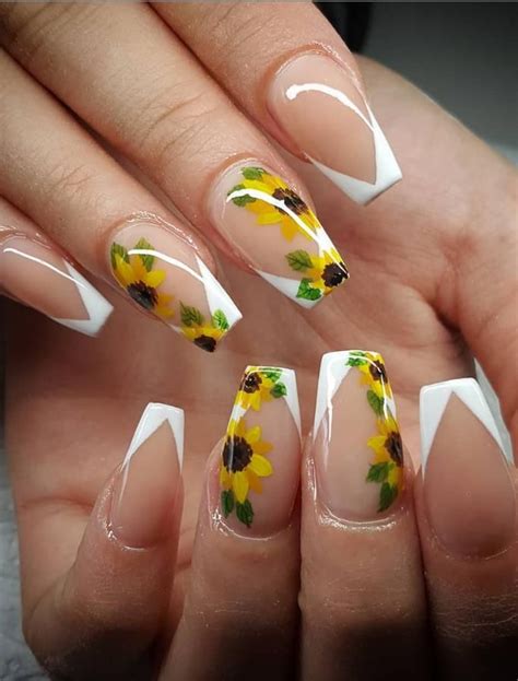 Confident And Vibrant Sunflower Coffin Nails Art Designs In This Summer