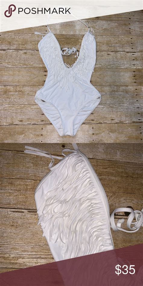 White Fringe Bathing Suit Never Worn White Fringe Monokini Bathing Suit Low Plunge Neckline