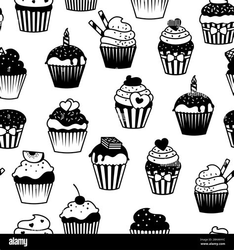 Black And White Cupcakes Seamless Pattern Vector Muffins Fabric Print