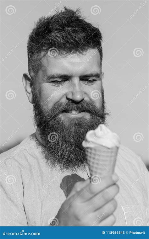 Man With Long Beard Enjoy Ice Cream Sweet Tooth Concept Bearded Man