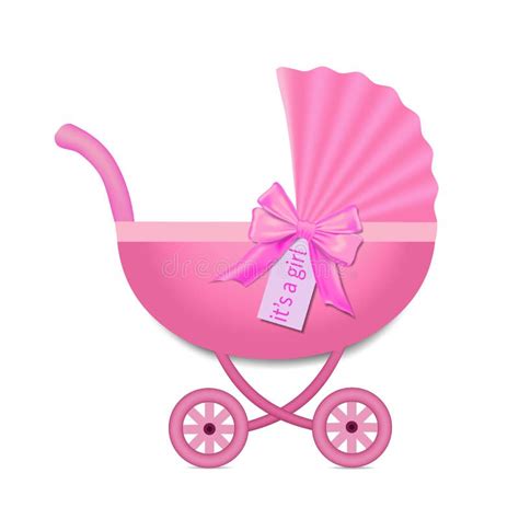 Pink Stroller with a Bow for Baby Girl. Baby Shower Invitation. Baby Carriage in Realistic Style ...