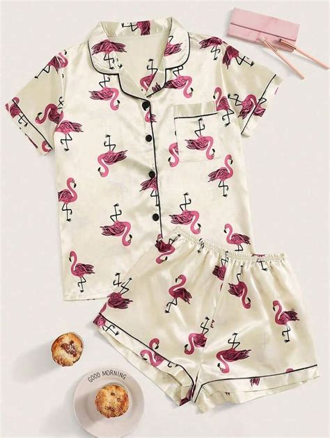 Flamingo Print Satin Pajama Set SHEIN USA