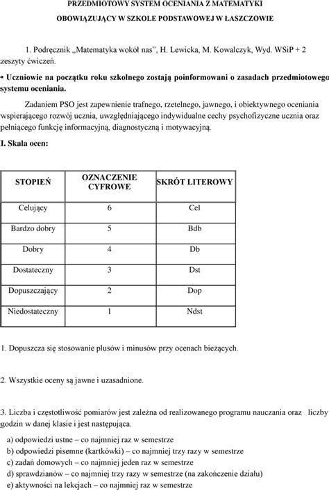 Przedmiotowy System Oceniania Z Matematyki Obowi Zuj Cy W Szkole