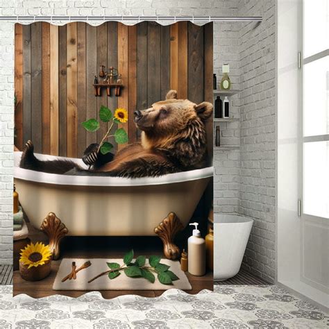 Dvbnli Funny Bear Shower Curtain Farmhouse Sunflower Vintage Wood Plank