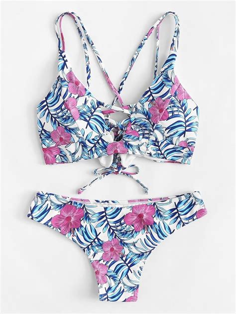 Crisscross Front Floral Bikini Set Shein Sheinside Bikinis Bikini