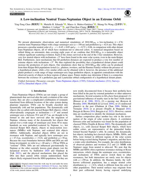 (PDF) A Low-inclination Neutral Trans-Neptunian Object in an Extreme Orbit