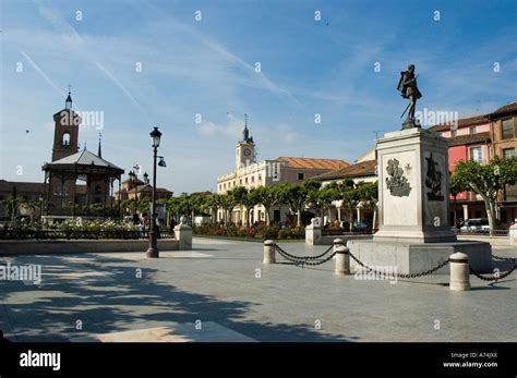 Cervantes Monument In Cervantes Square And City Hall Alcala De Henares