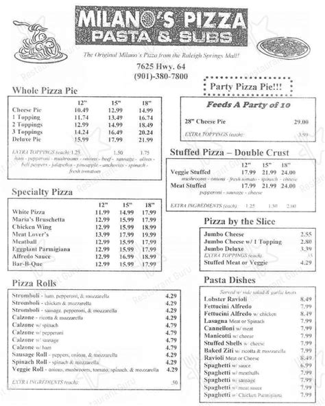 Menu At Milanos Pizza Pizzeria Millington