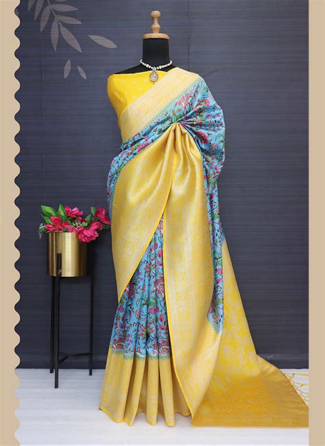 Buy Festival Wear Sky Blue Digital Printed Work Jacquard Pattu Saree