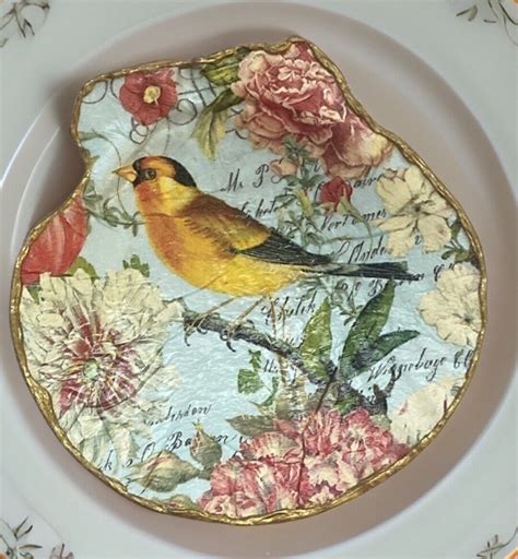 Decoupage Scallop Shell In Yellow Bird Print Ornament Trinket Ring