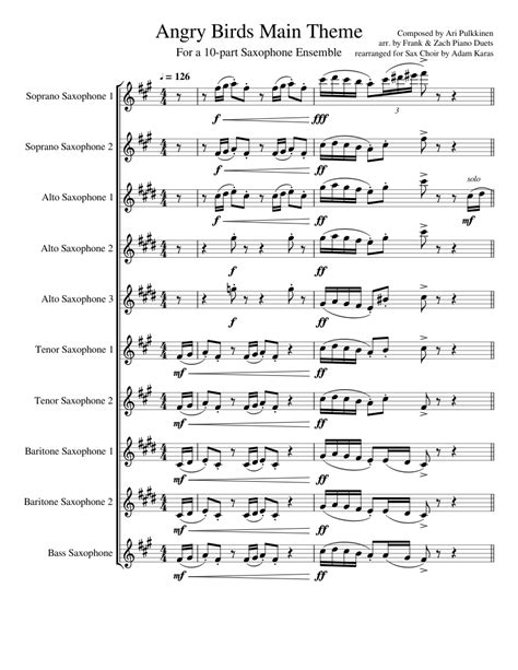 Angry Birds Theme For Sax Choir Sheet Music For Saxophone Alto Saxophone Tenor Saxophone