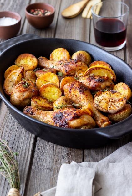 Pernas de frango assadas batatas e limão receita Foto Premium