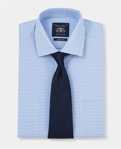 Mens Blue Classic Poplin Gingham Formal Shirt With Single Cuffs