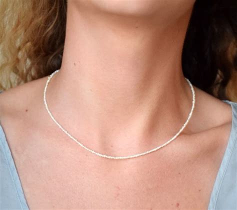 Seed Pearls Necklace Tiny Seed Pearls Chocker Necklace 14k Solid Gold Seed Pearls Necklace