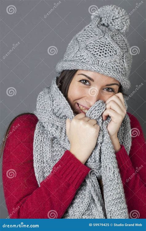 Laughing Female Teenager Smiling In Hiding Herself Under Winter Scarf Stock Image Image Of