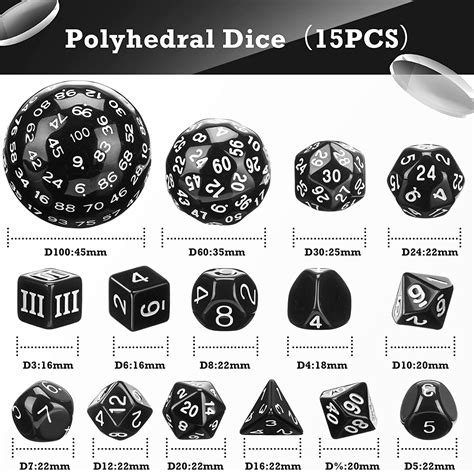 15 Pieces Complete Polyhedral Dice Set D3 D100 Spherical Rpg Dice Set