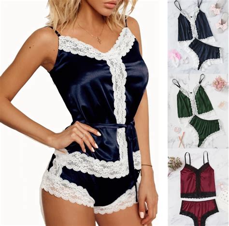 High Quality Satin Lace Women Sexy Pajama Set Sleeveless Floral Shirt