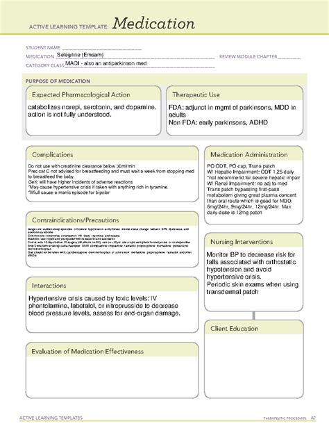 Selegiline Drug Card Information ACTIVE LEARNING TEMPLATES