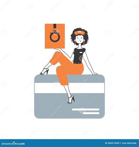 The Girl Sits On A Bank Card And Holds A Parcel Delivery Concept Linear Modern Style Isolated