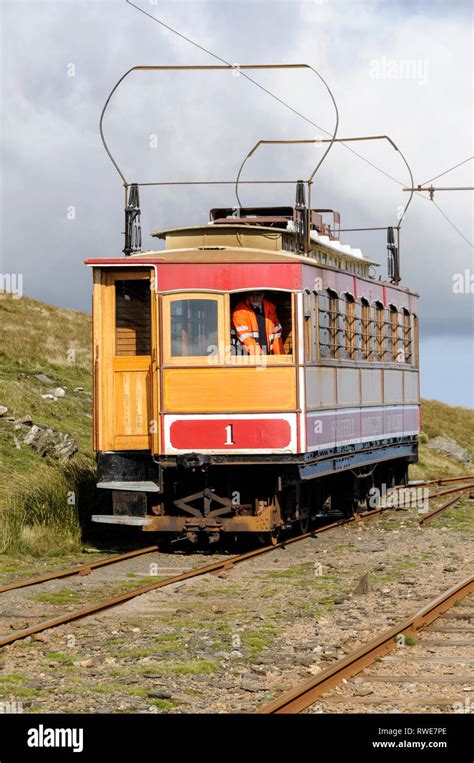 The wooden built Snaefell mountain electric powered railway tram at the ...