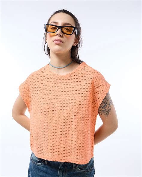 Buy Womens Peach Textured Oversized Crochet Short Top Online At Bewakoof