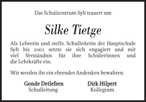 Traueranzeigen Von Silke Tietge Sh Z Trauer