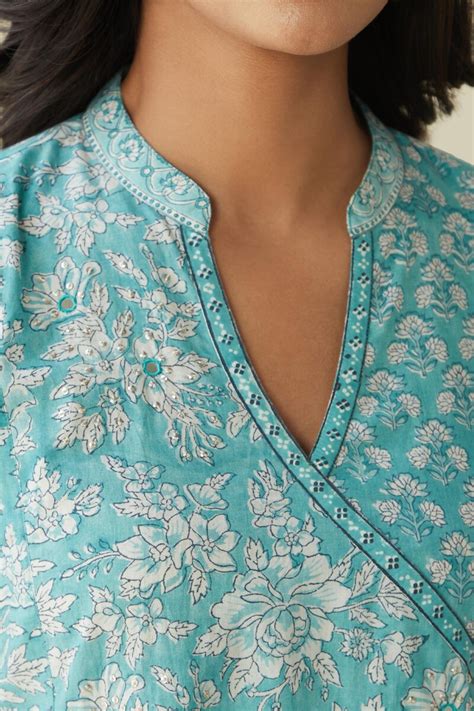 Buy Blue Hand Block Printed A Line Cotton Kurta For Women Fgmk23 278 Farida Gupta