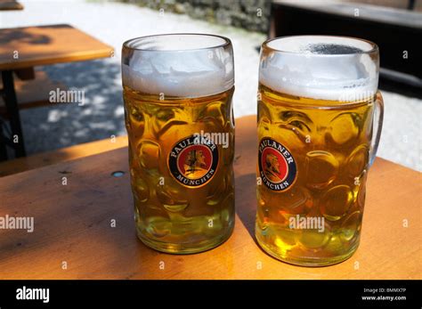 Two Litre Masskrugs Of Paulaner Helles Bier Munich Germany Stock