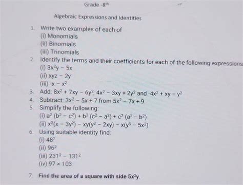 Grade 8th Algebraic Expressions And Identities 1 Write Two Examples Of