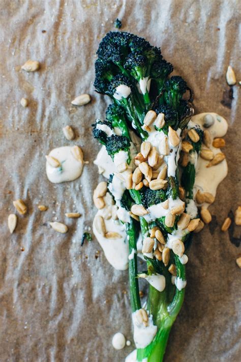 Charred Purple Sprouting Broccoli With Caper Basil Tahini Sauce Paleo