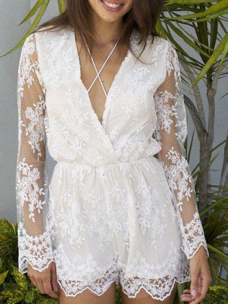 White S Stylish Plunging Neck Long Sleeves See Through Lace Women S