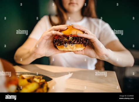 Hungry Female Person Eats Fresh Burger Fast Food Unhealthy American