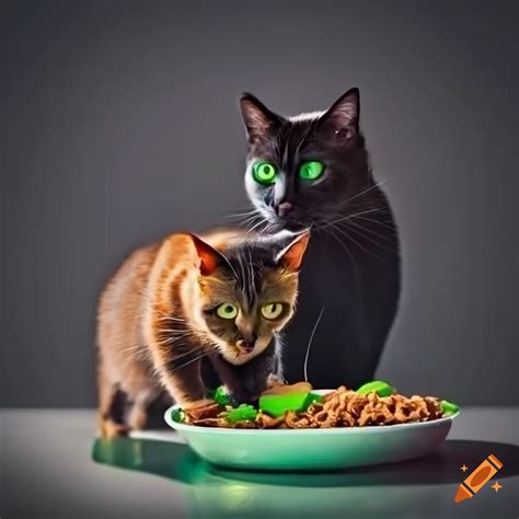 Two Cats Eating Green Cat Food