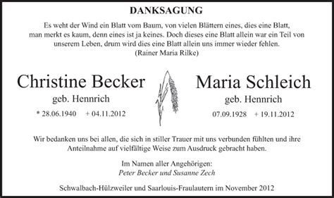 Traueranzeigen Von Maria Schleich Saarbruecker Zeitung Trauer De