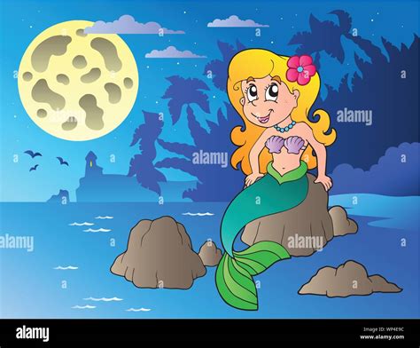 Night Seascape With Cartoon Mermaid Stock Vector Image And Art Alamy