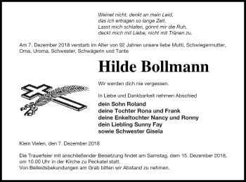 Traueranzeigen Von Hilde Bollmann Trauer Nordkurier