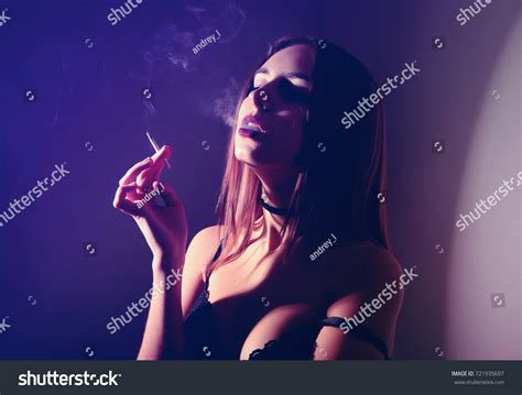 Sexy Girl Lingerie Cigarette Blows Smoke Stock Photo 721935697