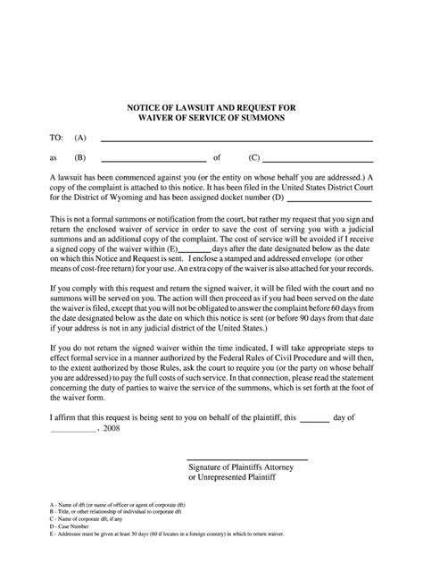 Fillable Online Wyd Uscourts Notice Of Lawsuit And Request For Waiver