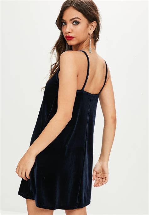 Missguided Navy Velvet Strappy Mini Dress In Blue Lyst