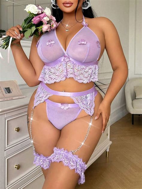 Plus Size Pcs Set Sweet Cute Lace Patchwork Lingerie Set Shein Usa