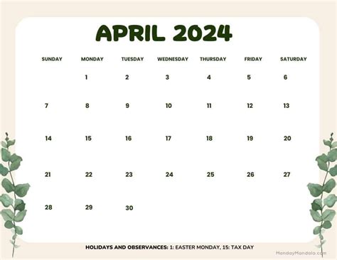 Printable April Calendar Landscape Fania Jeanine