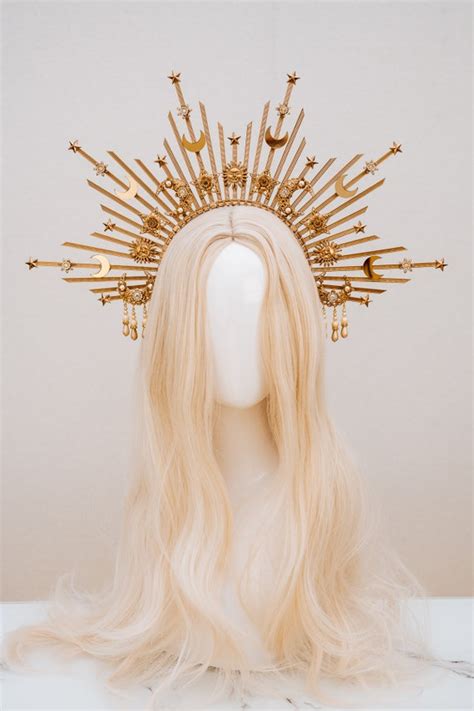 Gold Halo Crown Headpiece Sunburst Spiked Goddess Crown Sun Costume