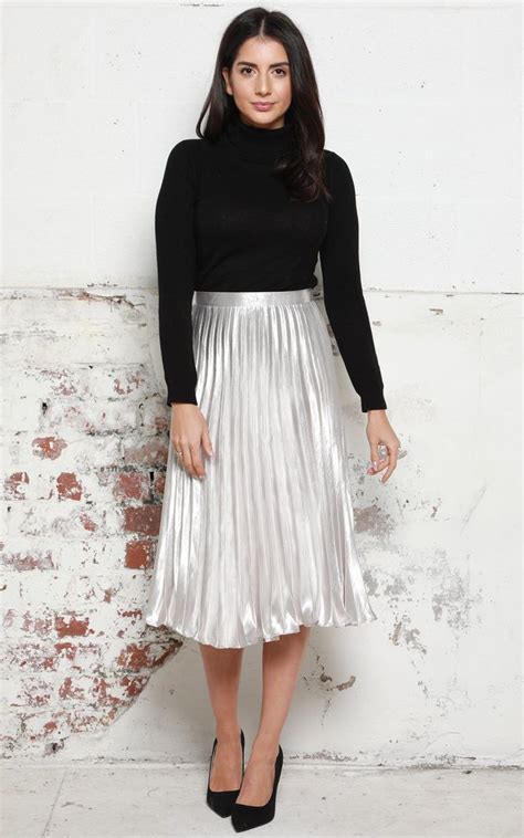 Metallic Satin Pleated High Waisted Midi Skirt In Silver By One Nation