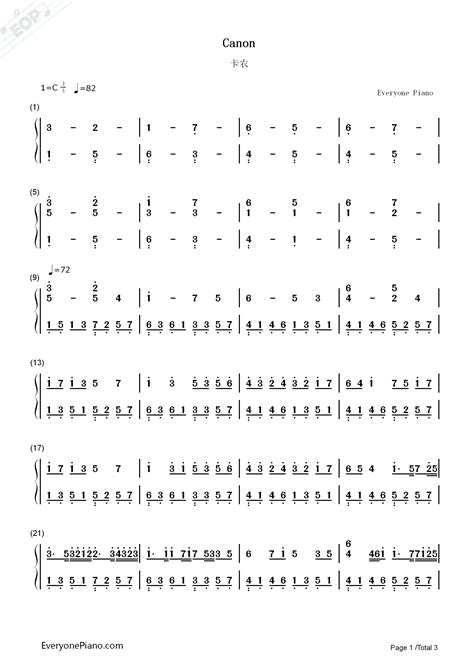 卡农 Canon双手简谱预览1 钢琴谱文件五线谱双手简谱数字谱MidiPDF免费下载